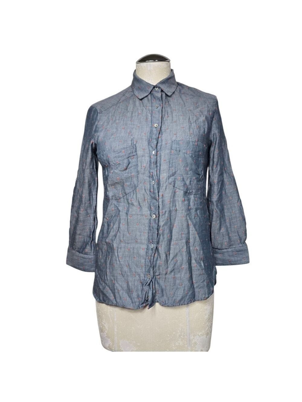 Zara Basic Blue Red Polka Dot Button Down  Tab Sleeves Shirt XS
